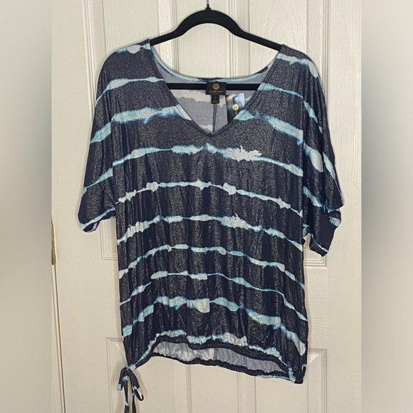 JM Collection Navy Turquoise & White Sparkle Tee w Side Tie - Picture 2 of 4